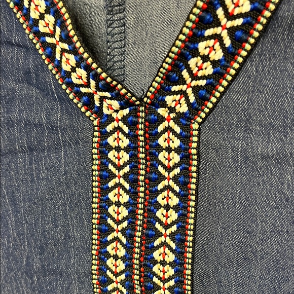 Bohemian style light weight denim dress with bell sleeves with woven trim - Picture 1 of 4